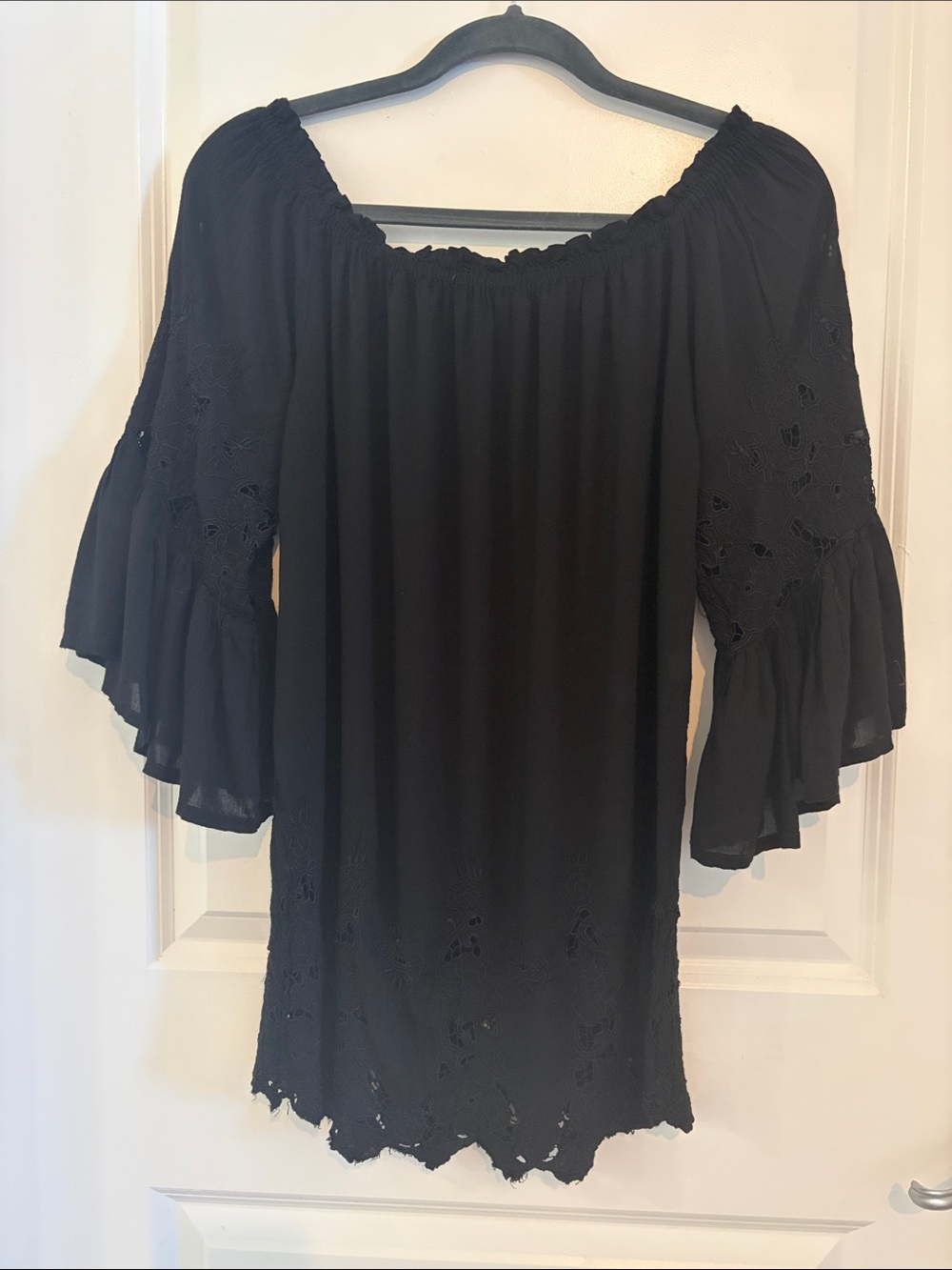 Black Off-Shoulder Peasant Tunic with Bell Sleeves